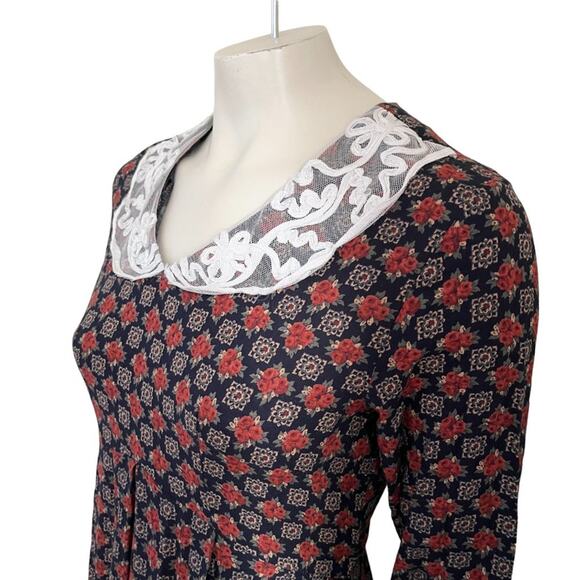 VTG 80s EXPO Lace Collar Moody Floral Long Sleeve Tie Back Midi Dress SZ 6P - Picture 3 of 10